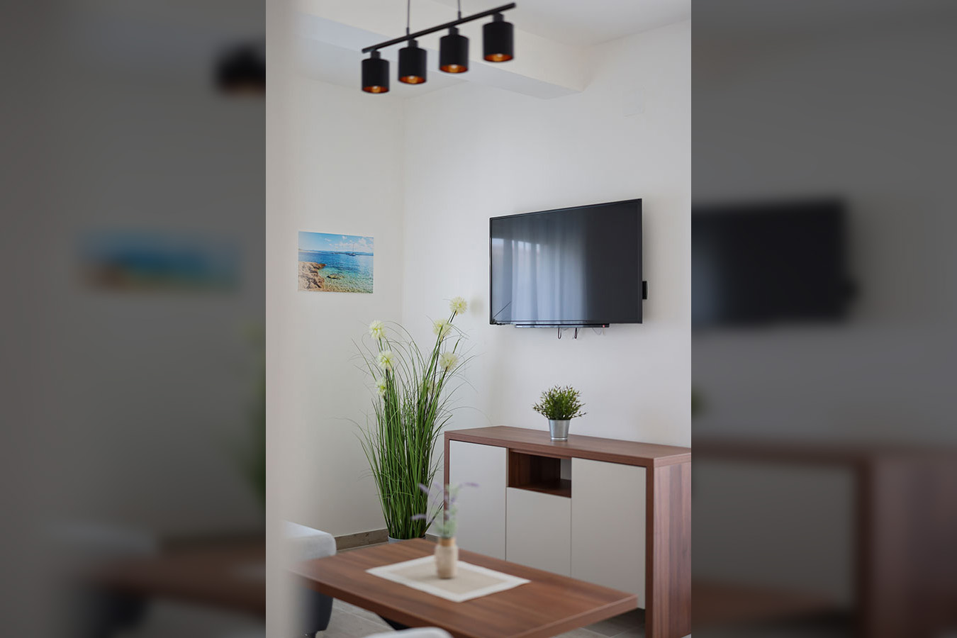 Moderan dnevni boravak u sklopu luksuznog smještaja, s televizorom na zidu, elegantnim drvenim ormarićem i dekorativnom biljkom