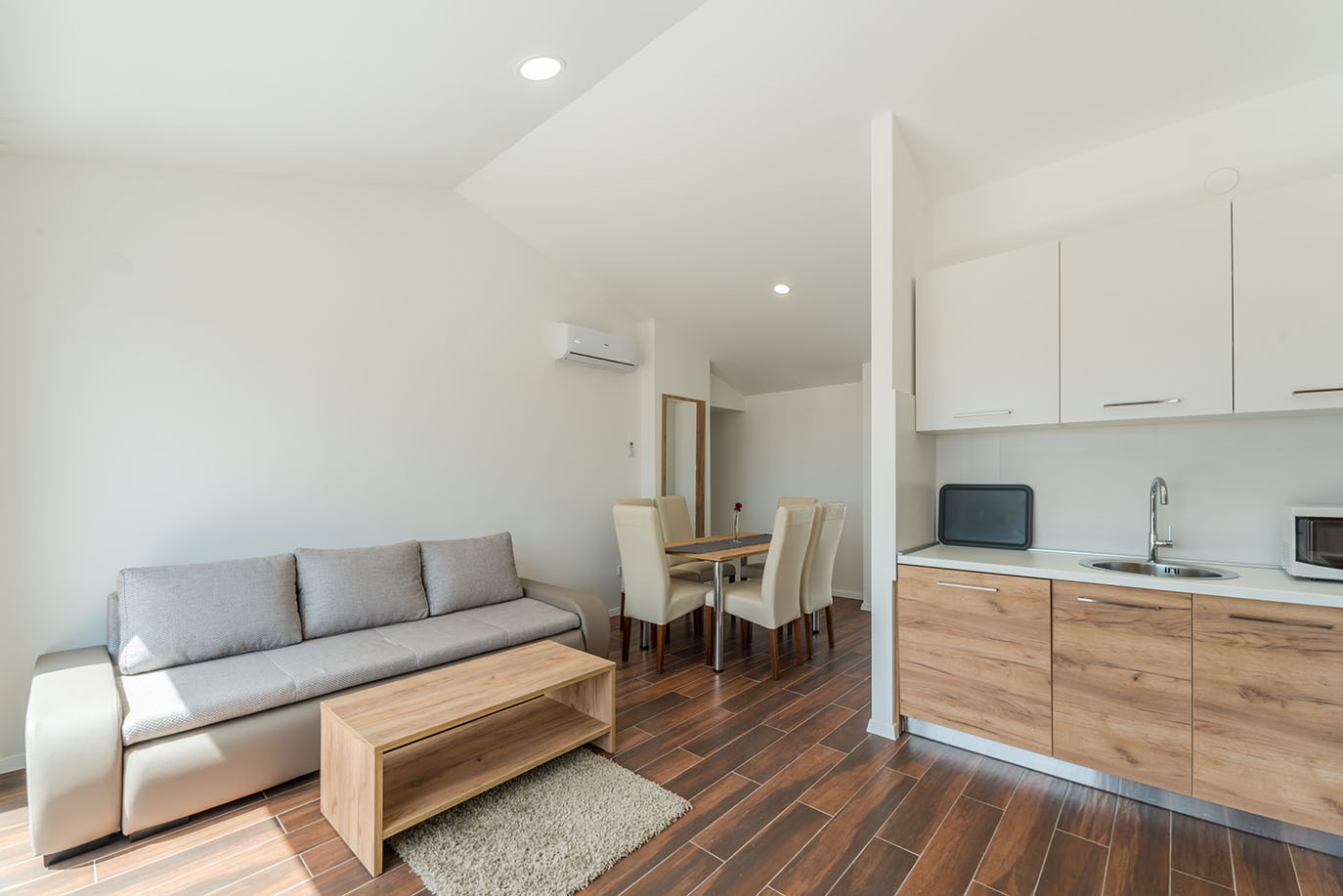 Prostran i moderan dnevni boravak s kuhinjom otvorenog plana, karakterističan za kvalitetne apartmane na Viru, s udobnim sivim kaučem, drvenim stolićem, blagovaonskim stolom i dobro opremljenom čajnom kuhinjom